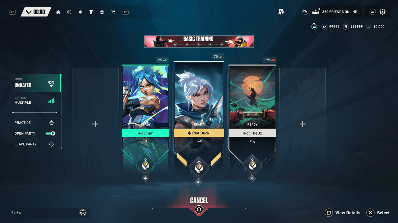 Party lobby with three ready agents and mode sidebar