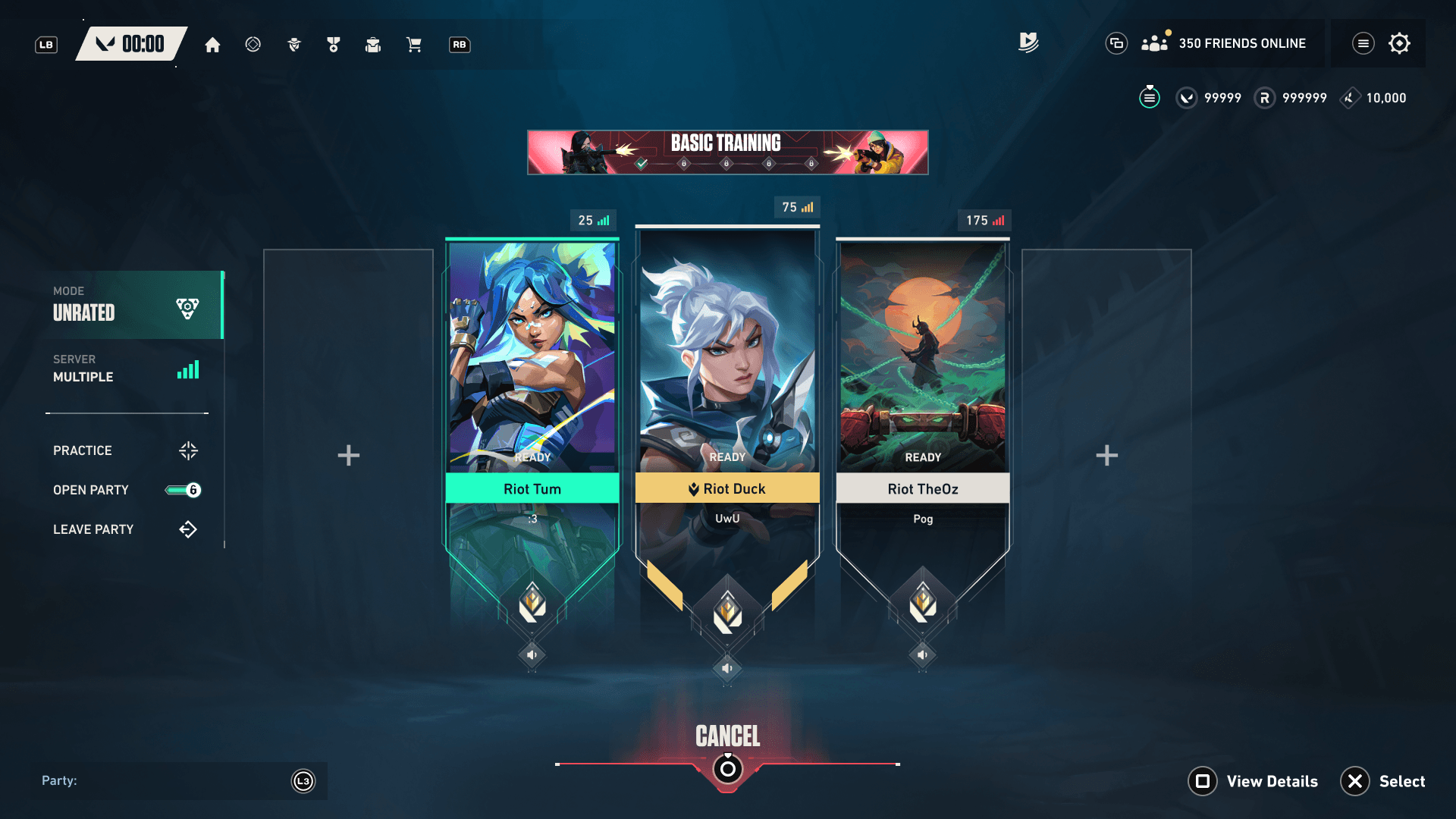 Party lobby with three ready agents and mode sidebar