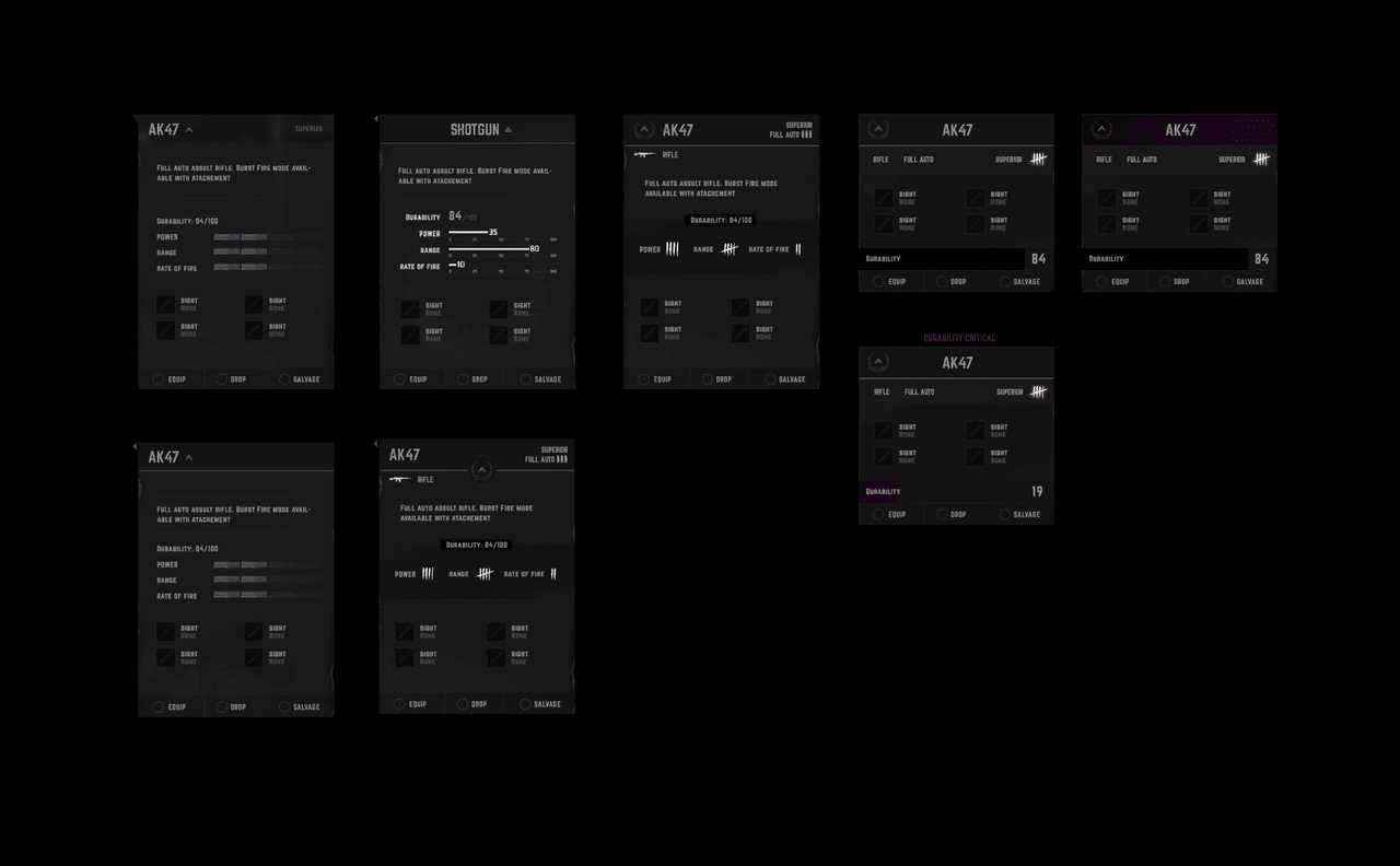 Back 4 Blood — Weapon info card layout iterations