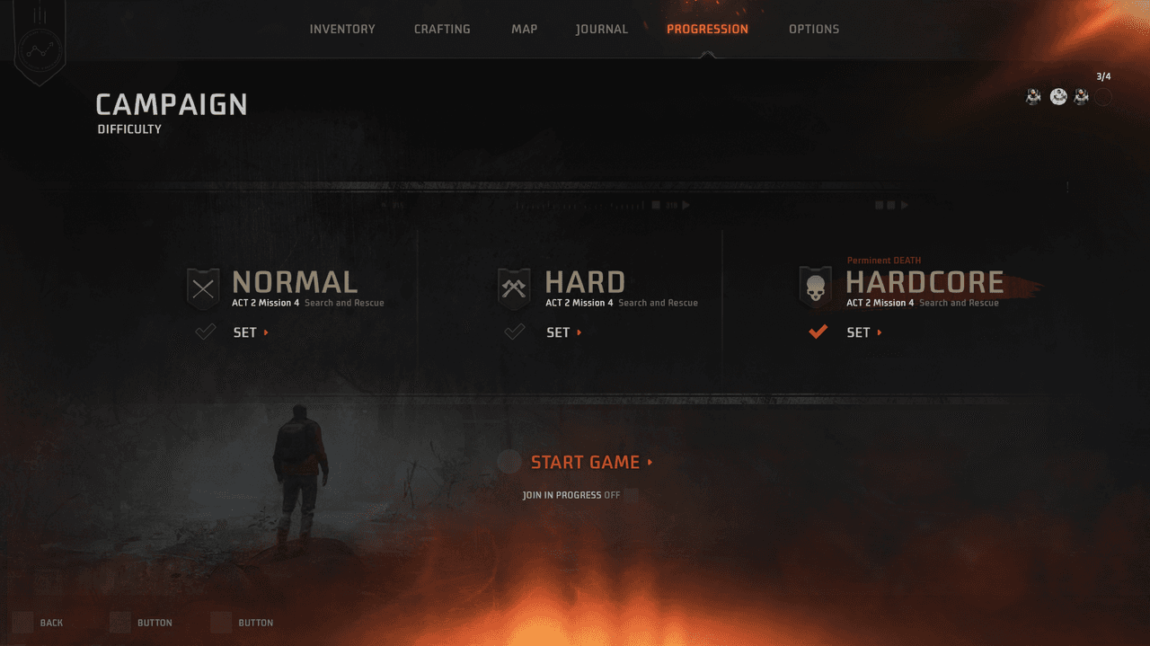 Back 4 Blood — Campaign difficulty selection — three-column layout